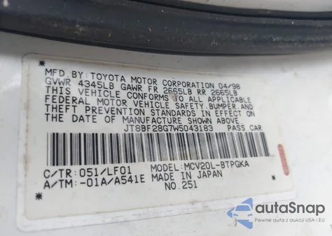 1998 Lexus Es 300 из США, поврежденный, VIN JT8BF28G7W5043183